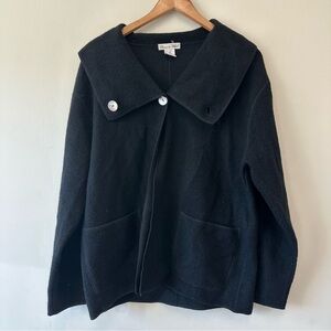 Vintage 100% Wool Black 2 Button Cardigan with Large Collar